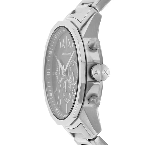 Armani Exchange AX1720 men's 44mm watch with black chronograph dial and silver stainless steel bracelet.