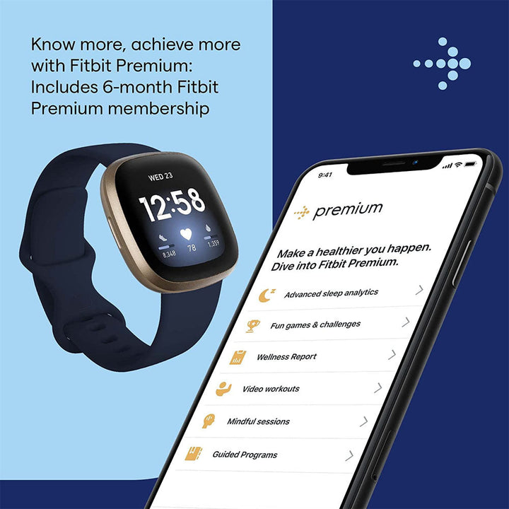 fitbit Versa 3 Smartwatch with Bluetooth Calling (40.4mm AMOLED Display, 50 Meter Water Resistant, Midnight Blue Strap)