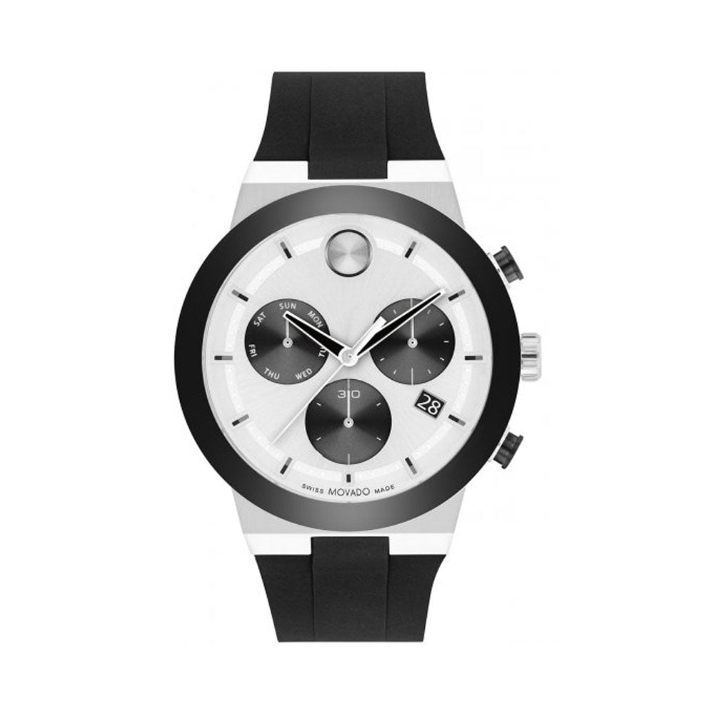 Movado BOLD Fusion Silver-Tone Metallic Dial Black Silicone Strap Watch, 44mm - 3600894