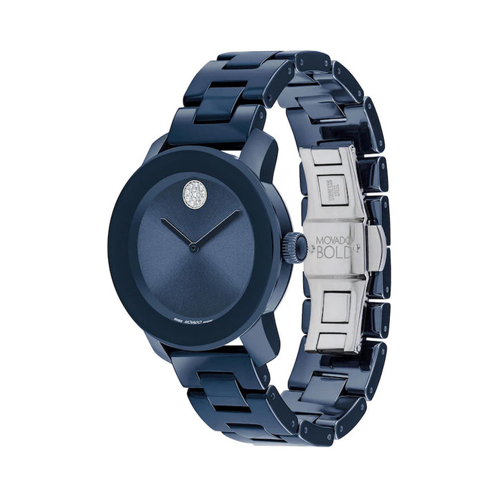 Movado Bold 3600805 Women's Ceramic Blue Case and Bracelet with Blue Sunray Dial, Crystal Pave Dot, Blue