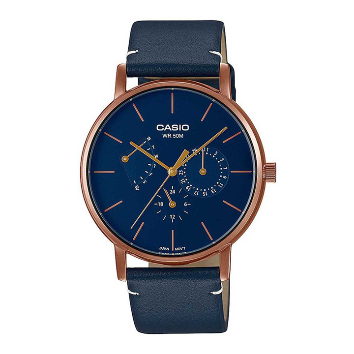 Casio Mens Enticer Blue Dial Leather Analogue Watch - A1844