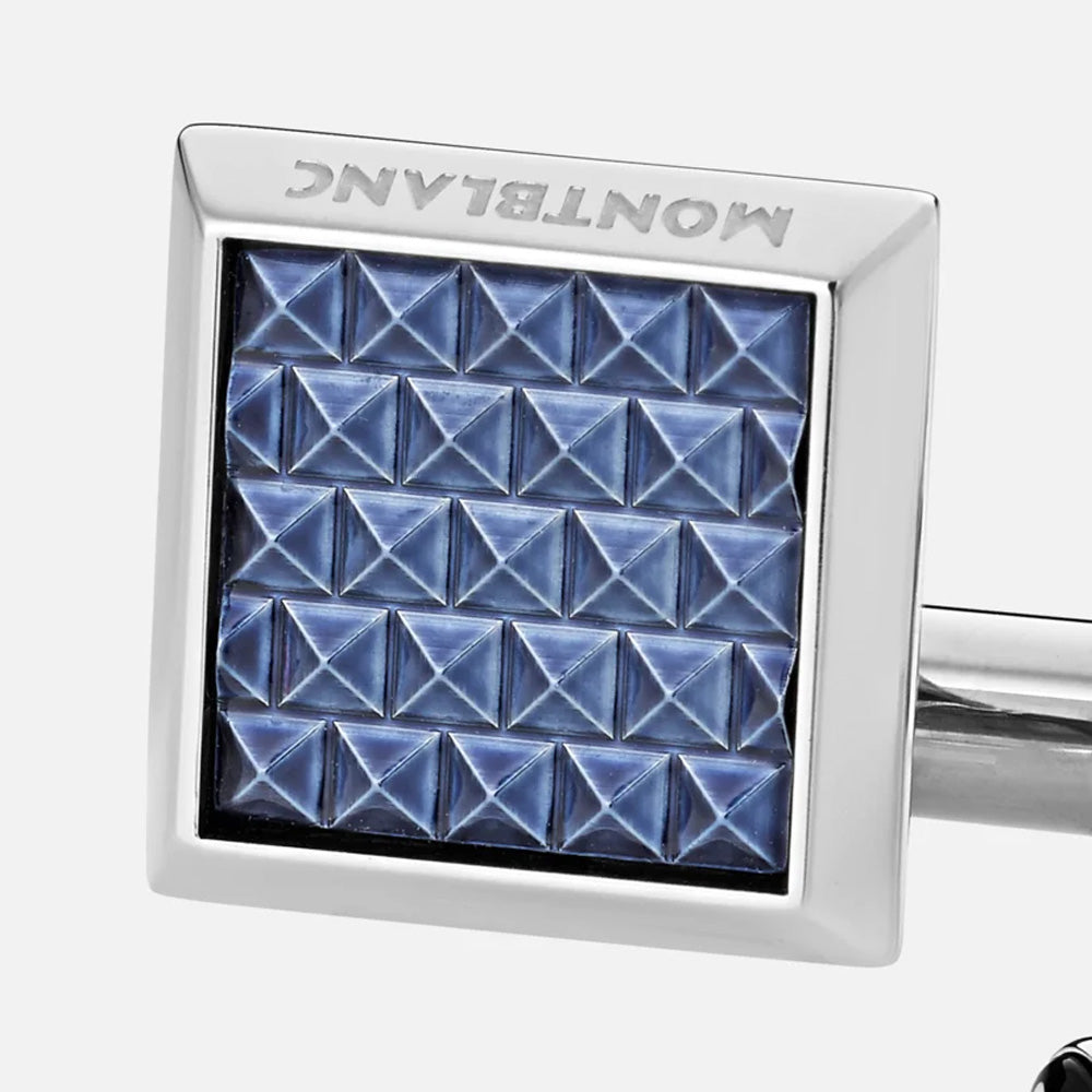 Mont Blanc 123805 Rectangular Cufflinks In Stainless Steel With Blue Patterned Inlay