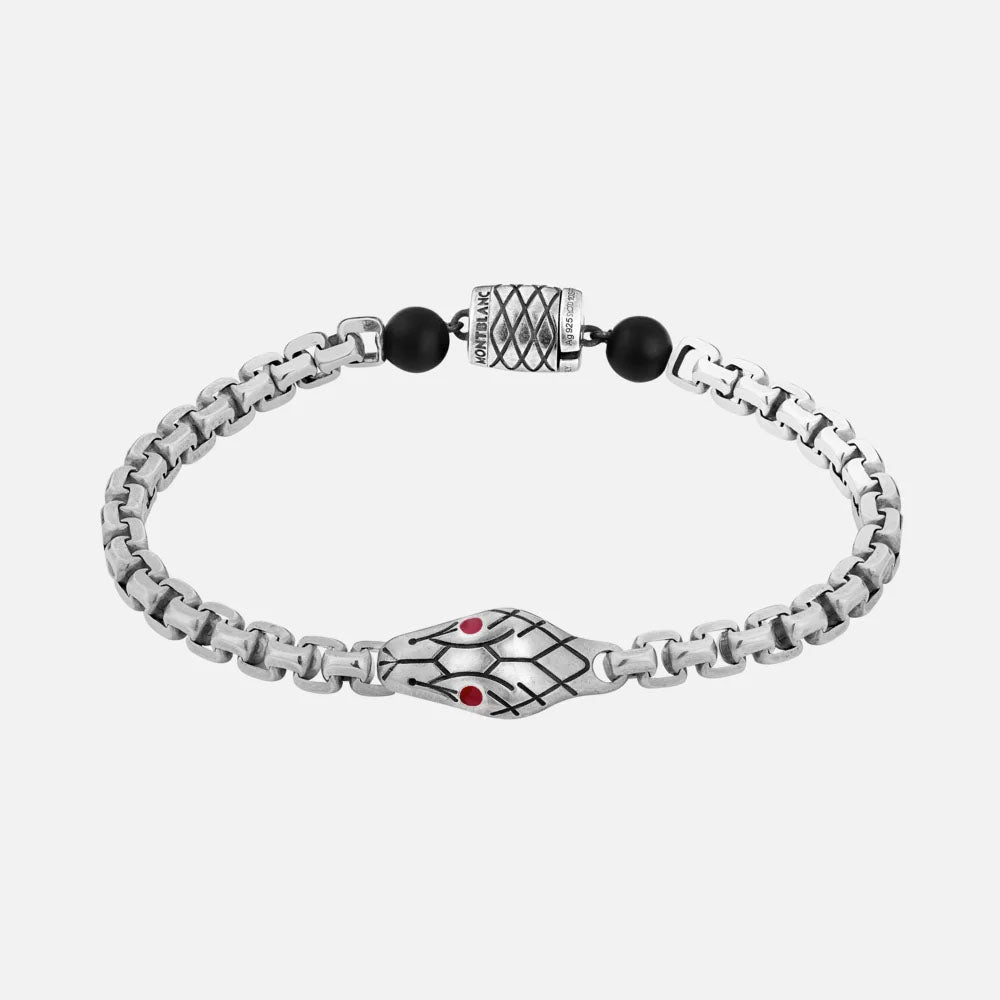 Mont Blanc 12405363 Venetian chain bracelet in silver with serpent detail and onyx beads