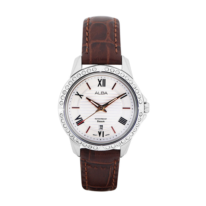 Alba AH7X03X1 Silver-White Dial With Brown Leather Straps