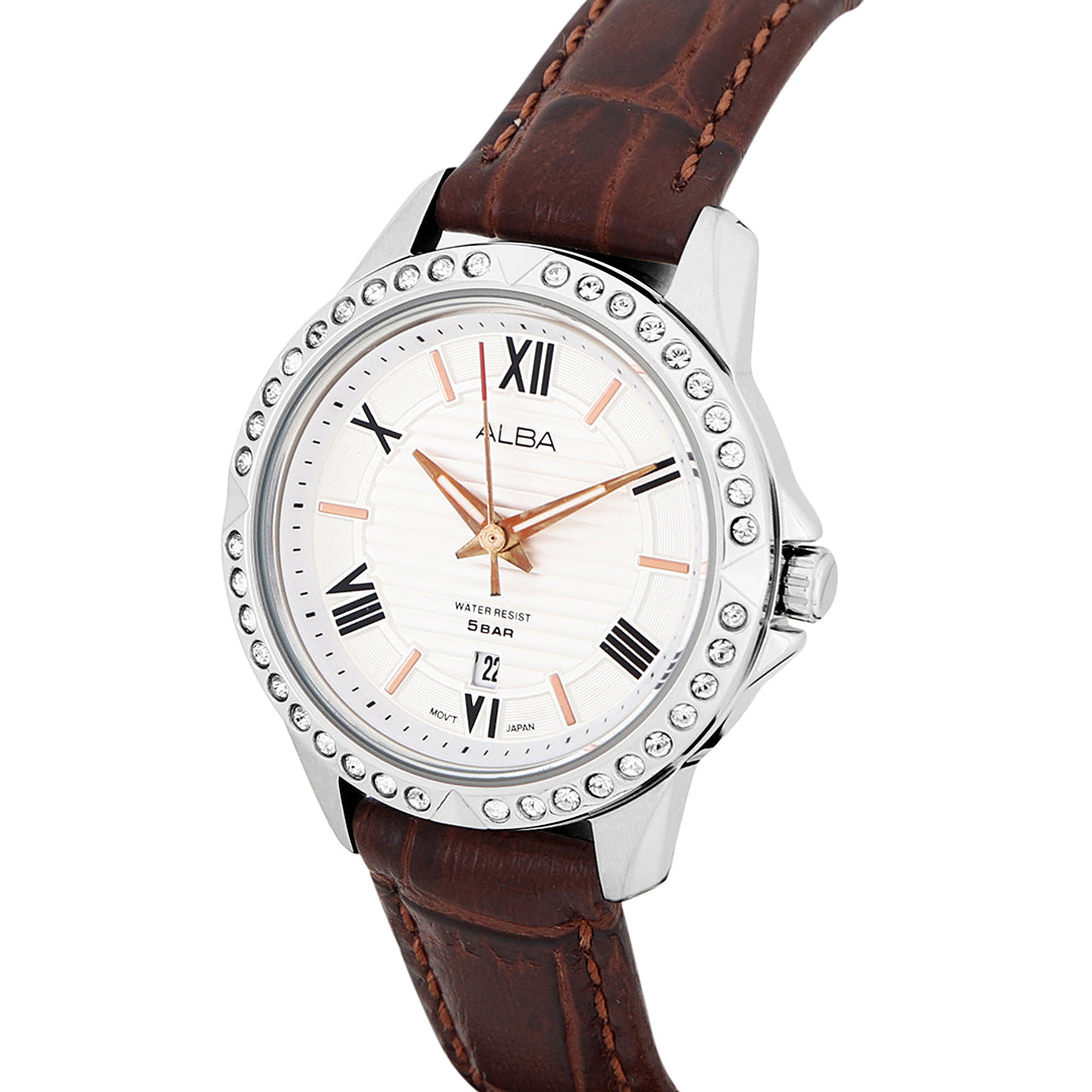 Alba AH7X03X1 Silver-White Dial With Brown Leather Straps