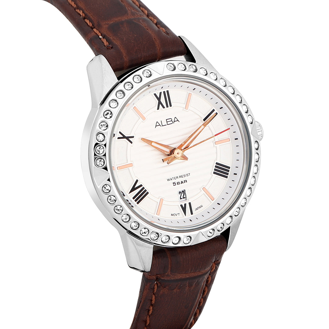 Alba AH7X03X1 Silver-White Dial With Brown Leather Straps