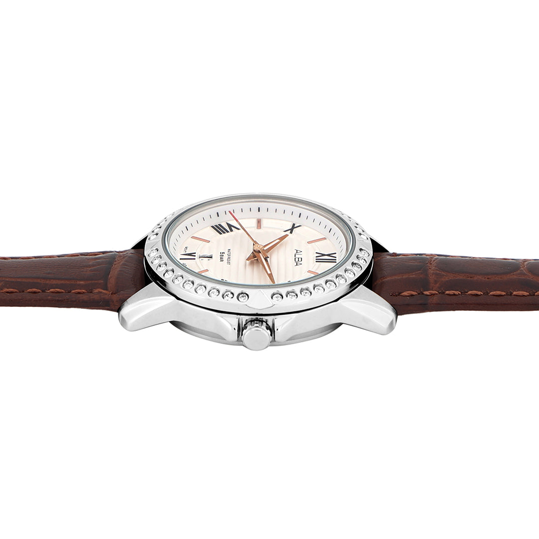 Alba AH7X03X1 Silver-White Dial With Brown Leather Straps