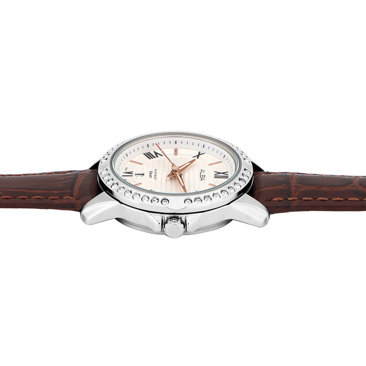 Alba AH7X03X1 Silver-White Dial With Brown Leather Straps