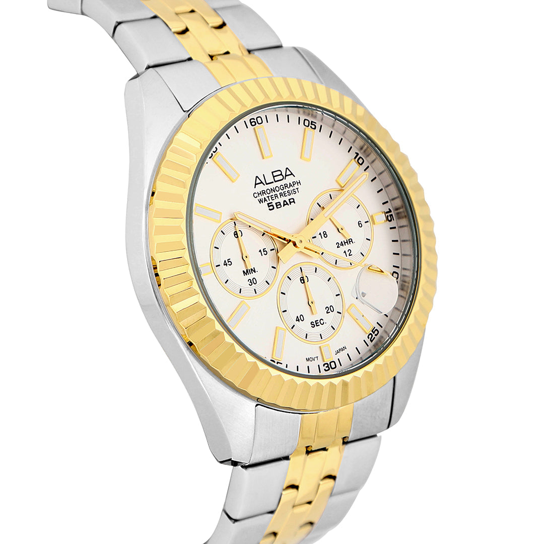 Alba AT3H14X1 White+Gold Dial Chronograph