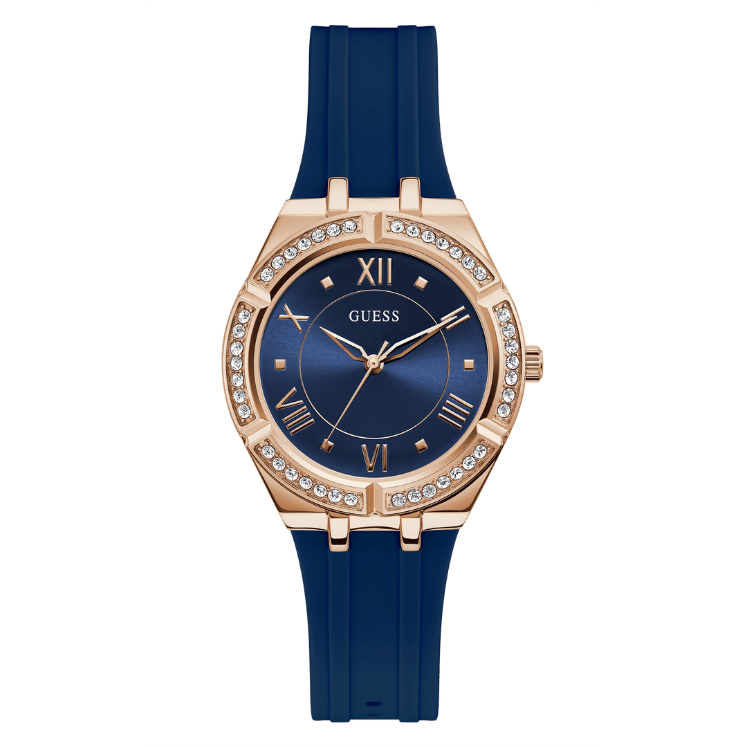GUESS Ladies Blue Rose Gold Tone Analog Watch