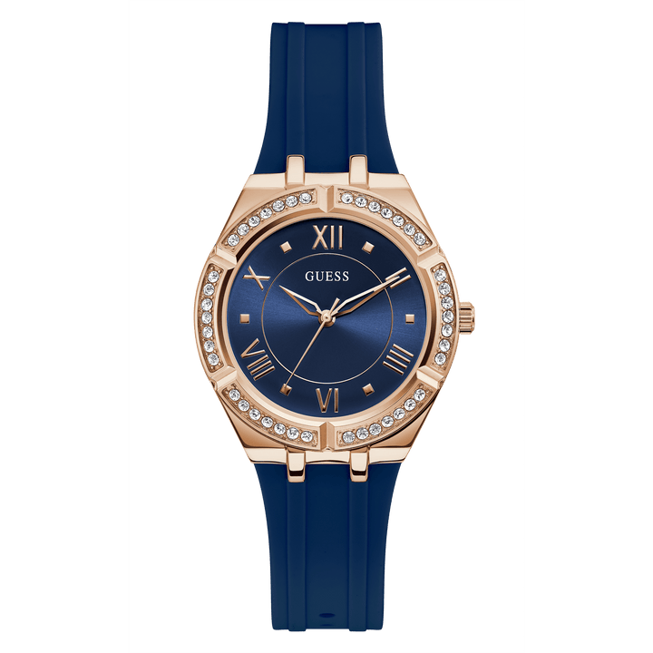 GUESS Ladies Blue Rose Gold Tone Analog Watch