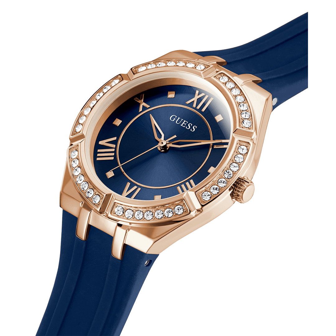 GUESS Ladies Blue Rose Gold Tone Analog Watch