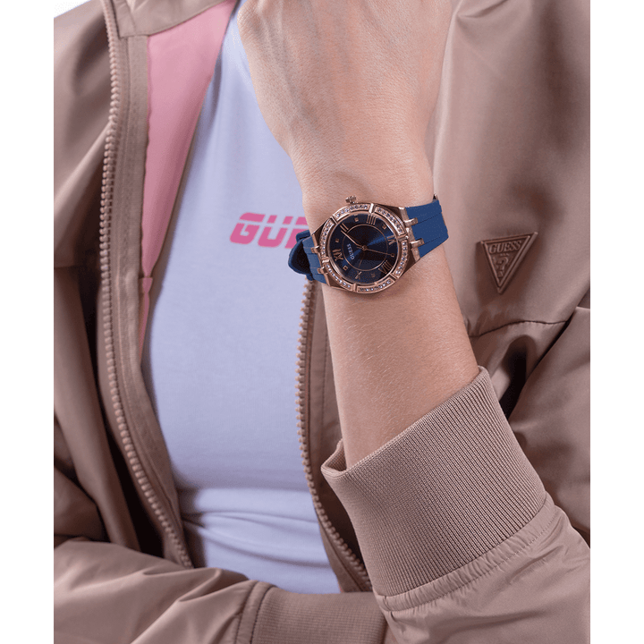 GUESS Ladies Blue Rose Gold Tone Analog Watch