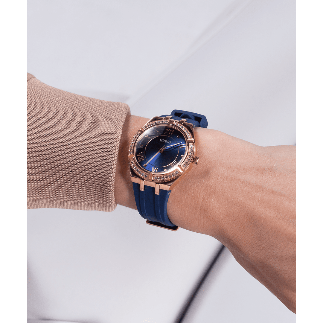 GUESS Ladies Blue Rose Gold Tone Analog Watch