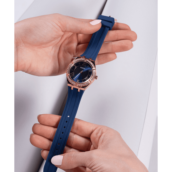GUESS Ladies Blue Rose Gold Tone Analog Watch