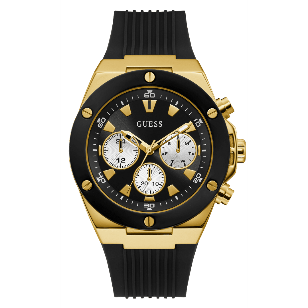 GUESS Mens Black Gold Tone Multi-Function Watch