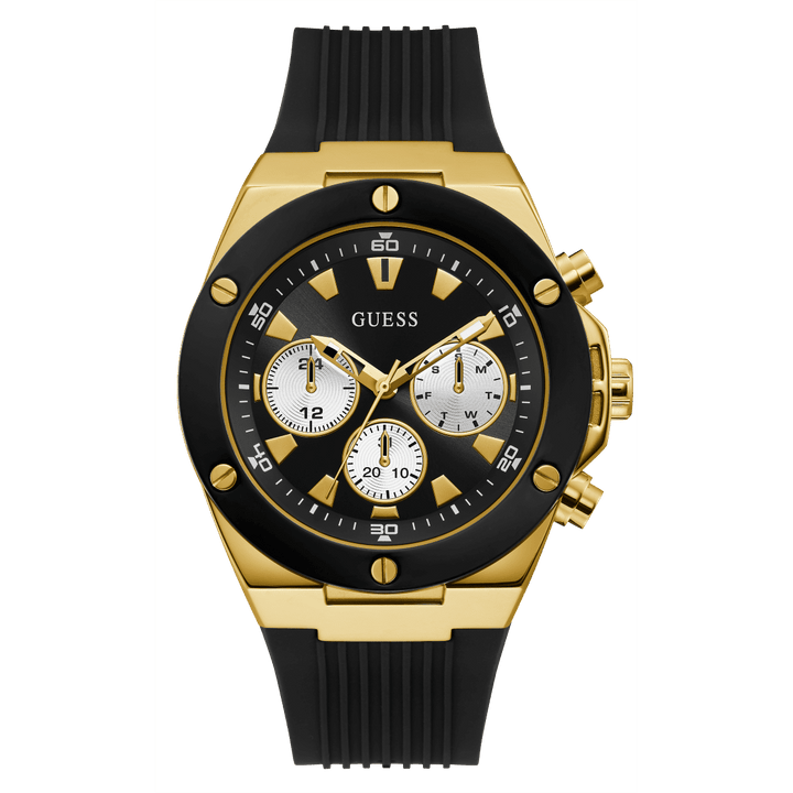 GUESS Mens Black Gold Tone Multi-Function Watch