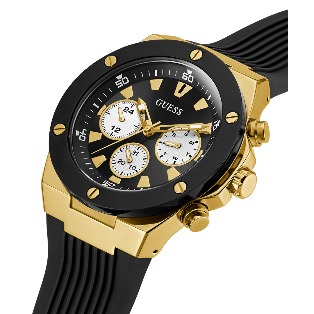 GUESS Mens Black Gold Tone Multi-Function Watch