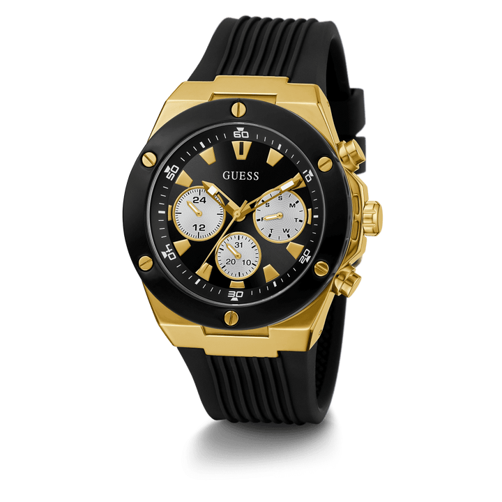 GUESS Mens Black Gold Tone Multi-Function Watch