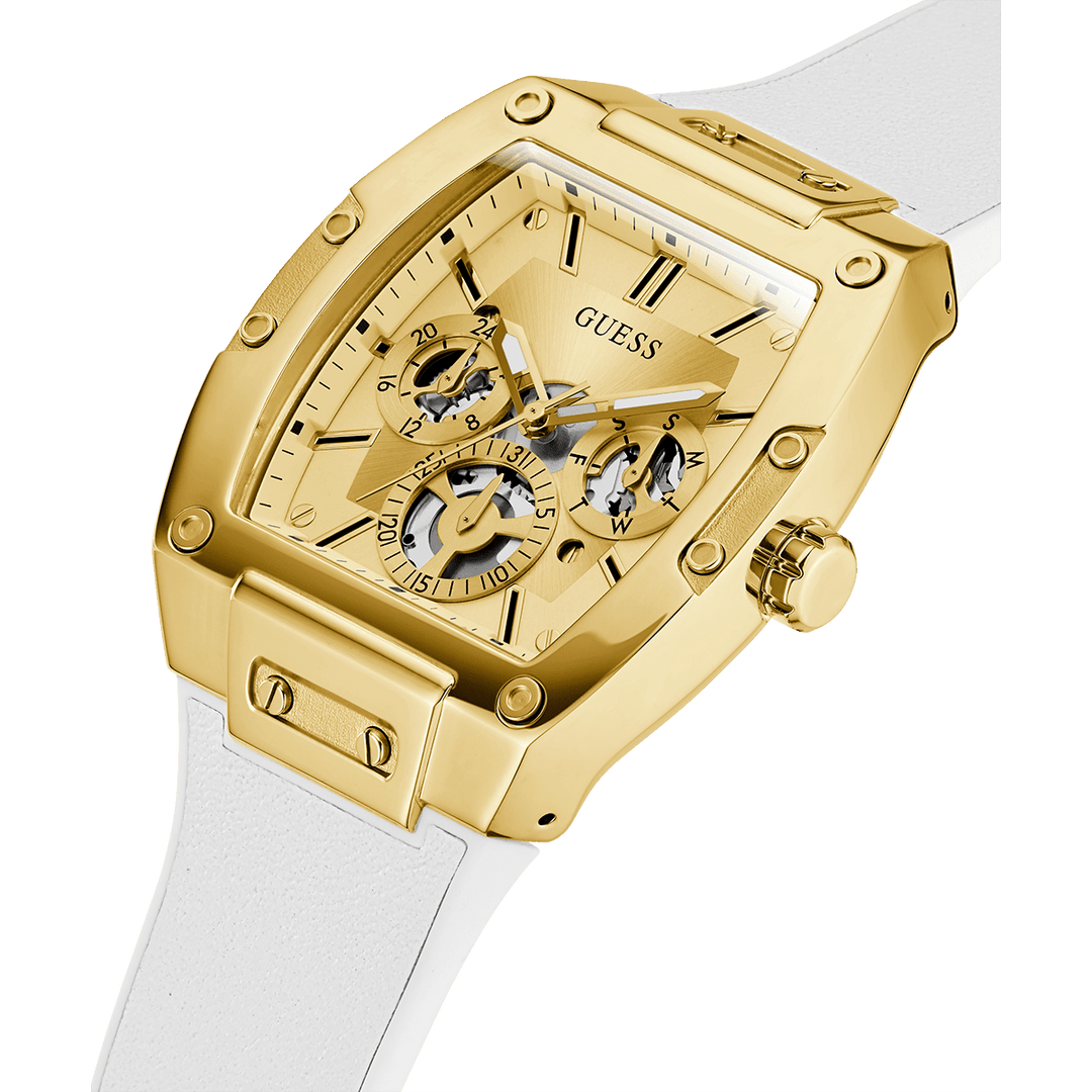 GUESS Mens White Gold Tone Multi-Function Watch