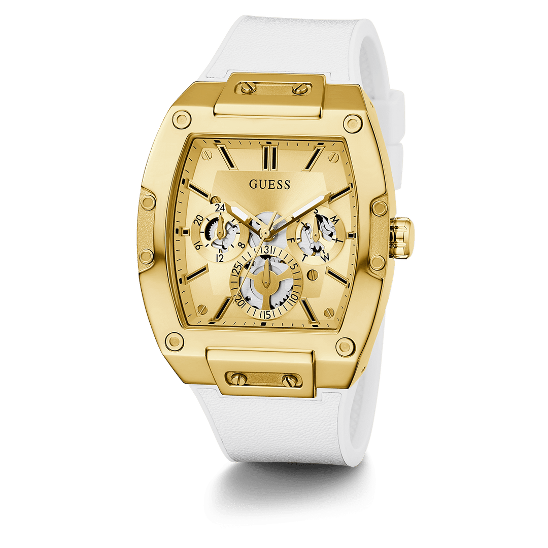 GUESS Mens White Gold Tone Multi-Function Watch