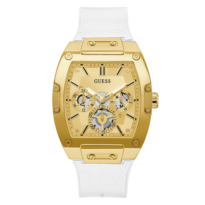 GUESS Mens White Gold Tone Multi-Function Watch