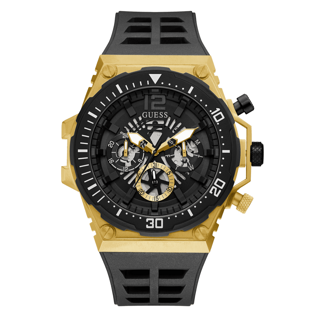 GUESS Mens Black Gold Tone Multi-Function Watch