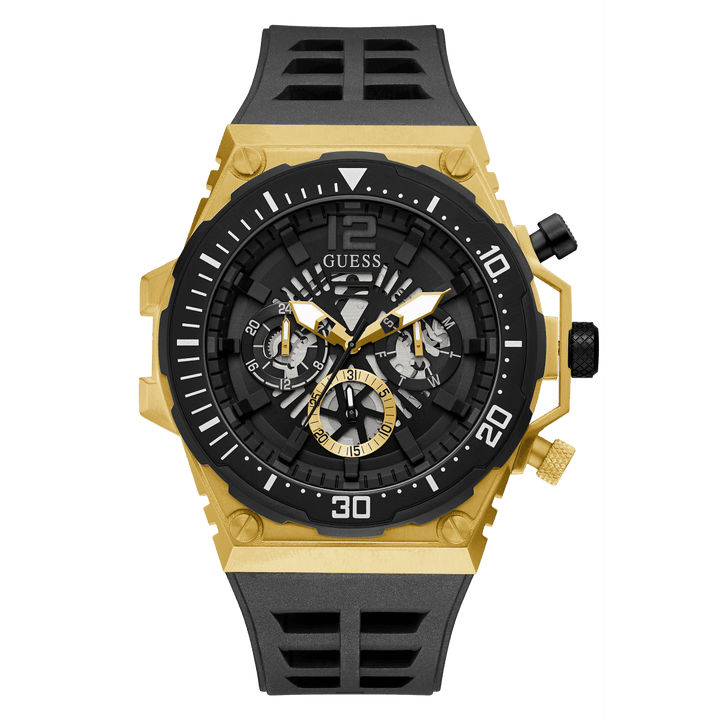GUESS Mens Black Gold Tone Multi-Function Watch