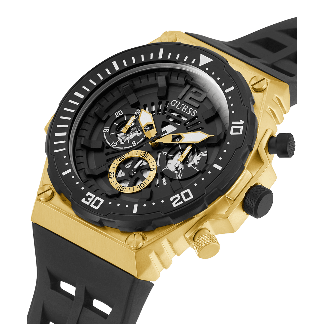 GUESS Mens Black Gold Tone Multi-Function Watch