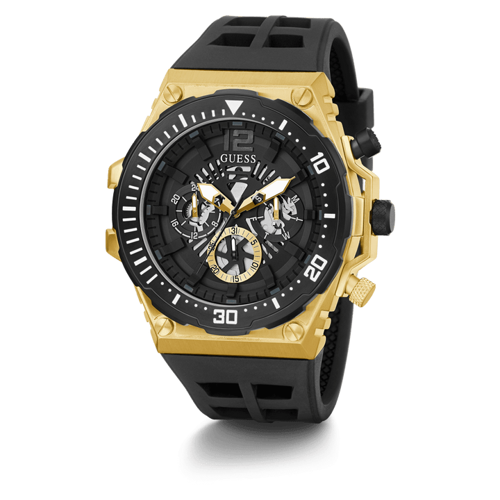 GUESS Mens Black Gold Tone Multi-Function Watch