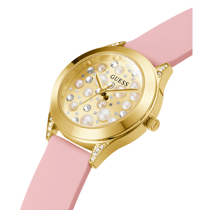 GUESS Ladies Pink Gold Tone Analog Watch
