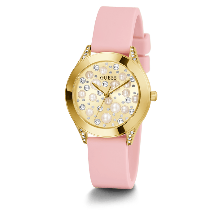 GUESS Ladies Pink Gold Tone Analog Watch