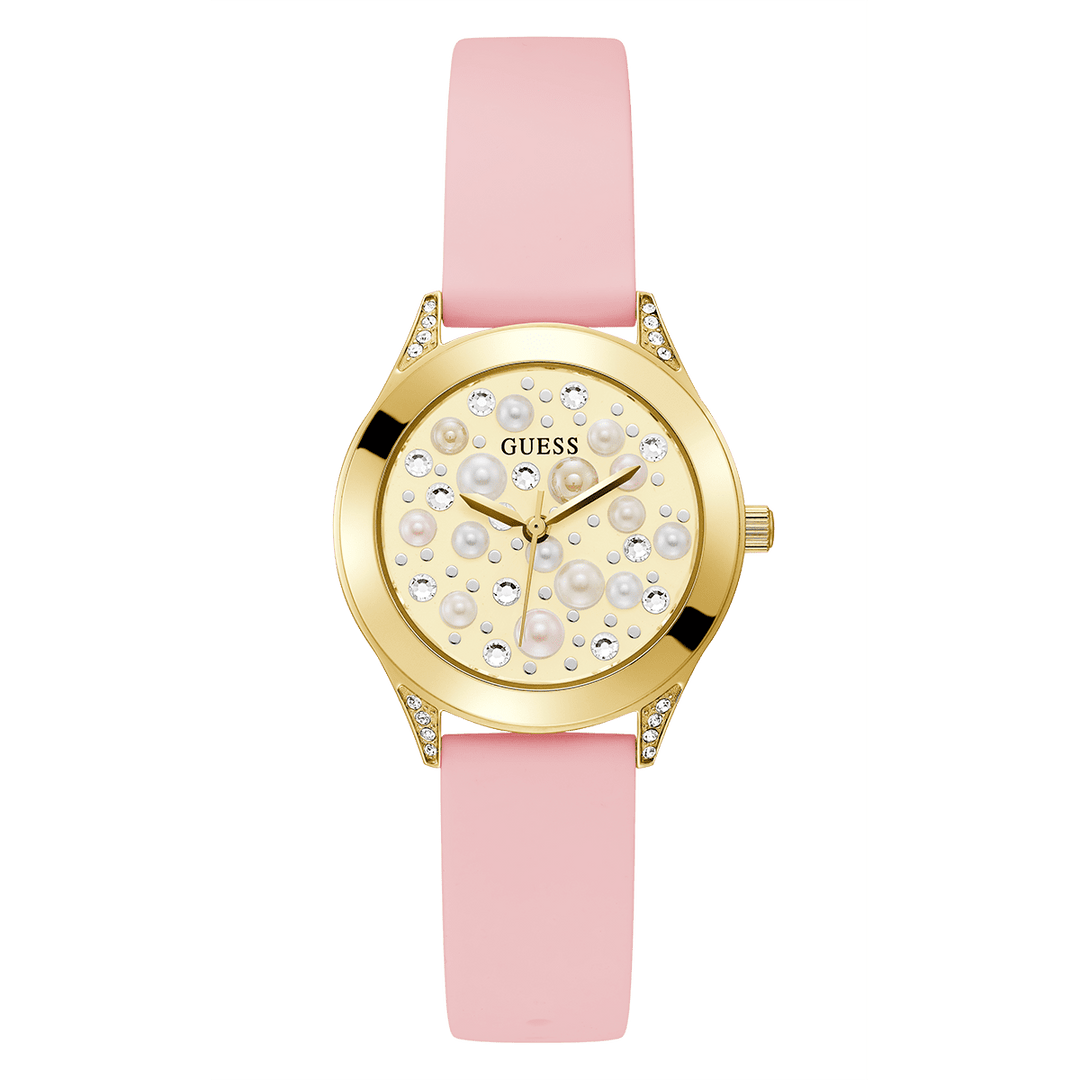 GUESS Ladies Pink Gold Tone Analog Watch
