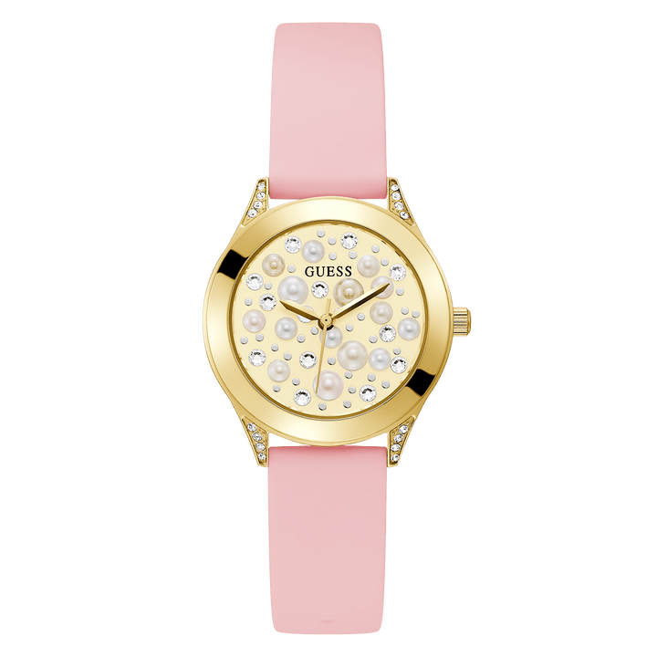 GUESS Ladies Pink Gold Tone Analog Watch