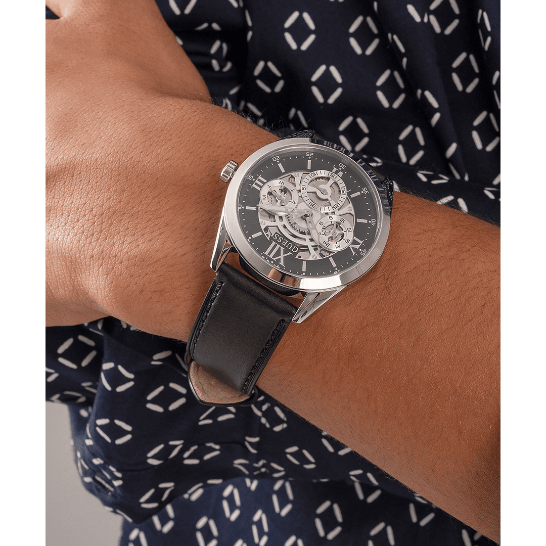 GUESS Mens Black Silver Tone Multi-Function Watch