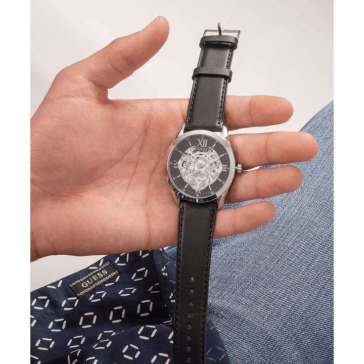GUESS Mens Black Silver Tone Multi-Function Watch