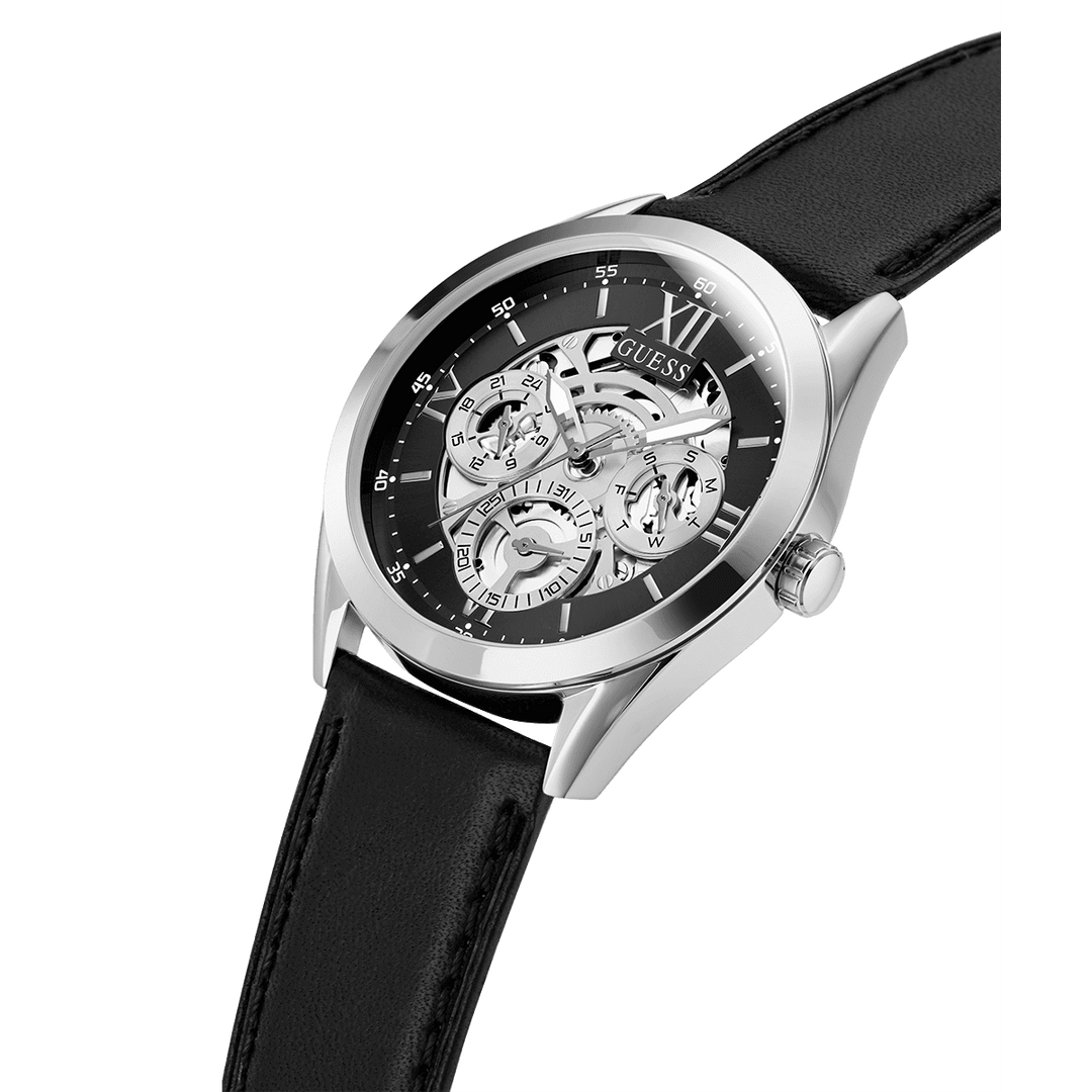 GUESS Mens Black Silver Tone Multi-Function Watch
