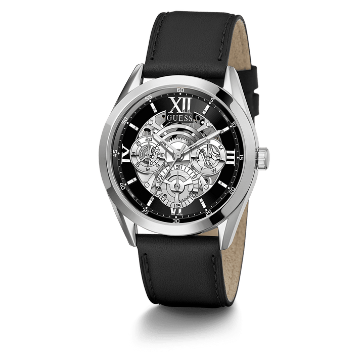 GUESS Mens Black Silver Tone Multi-Function Watch