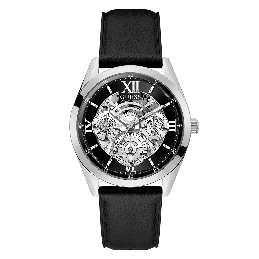 GUESS Mens Black Silver Tone Multi-Function Watch