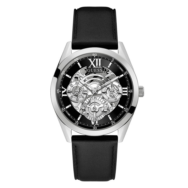 GUESS Mens Black Silver Tone Multi-Function Watch