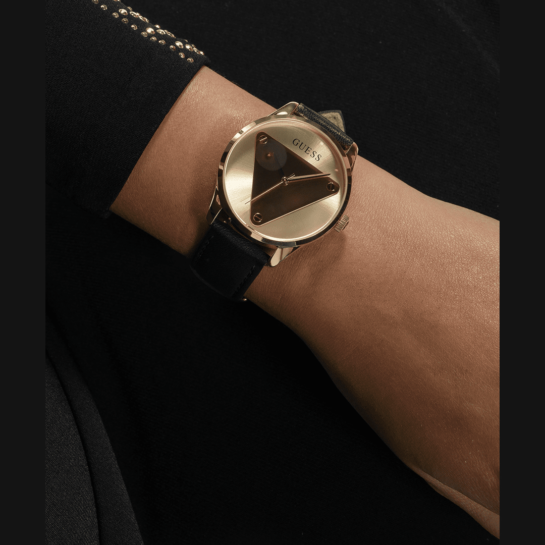 GUESS Ladies Black Gold Tone Analog Watch