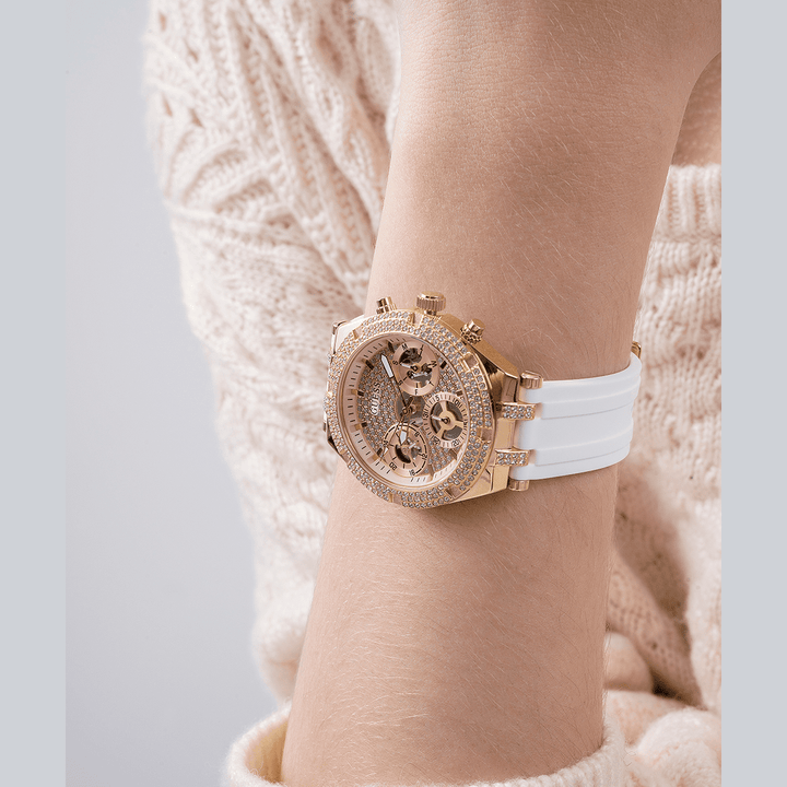 GUESS Ladies White Gold Tone Multi-Function Watch