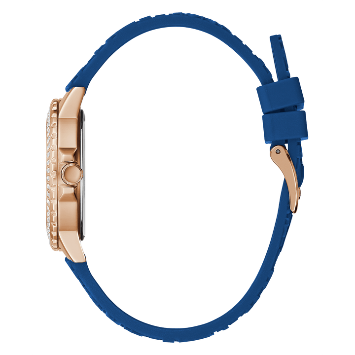 GUESS Ladies Blue Rose Gold Tone Multi-Function Watch