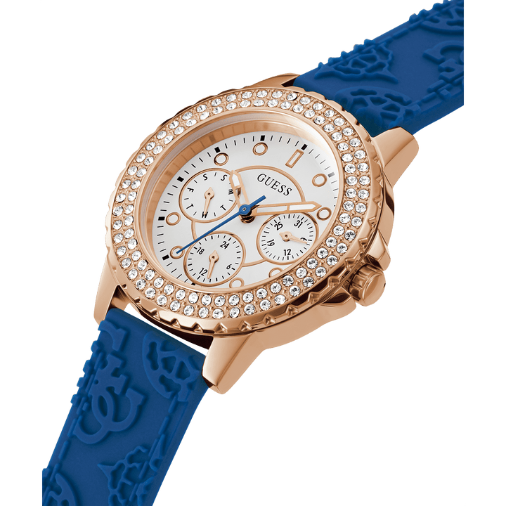 GUESS Ladies Blue Rose Gold Tone Multi-Function Watch