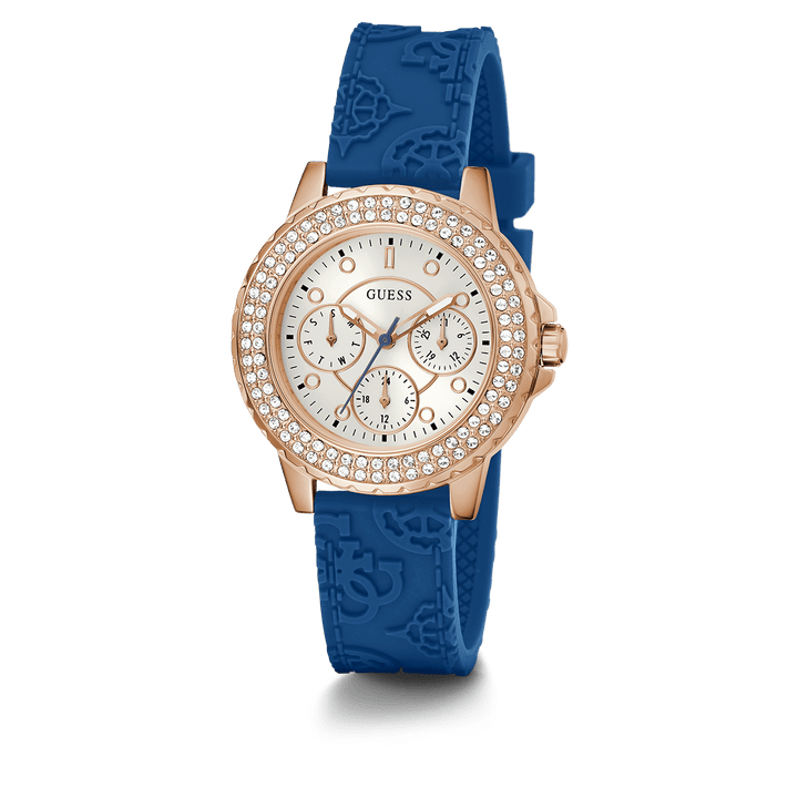 GUESS Ladies Blue Rose Gold Tone Multi-Function Watch
