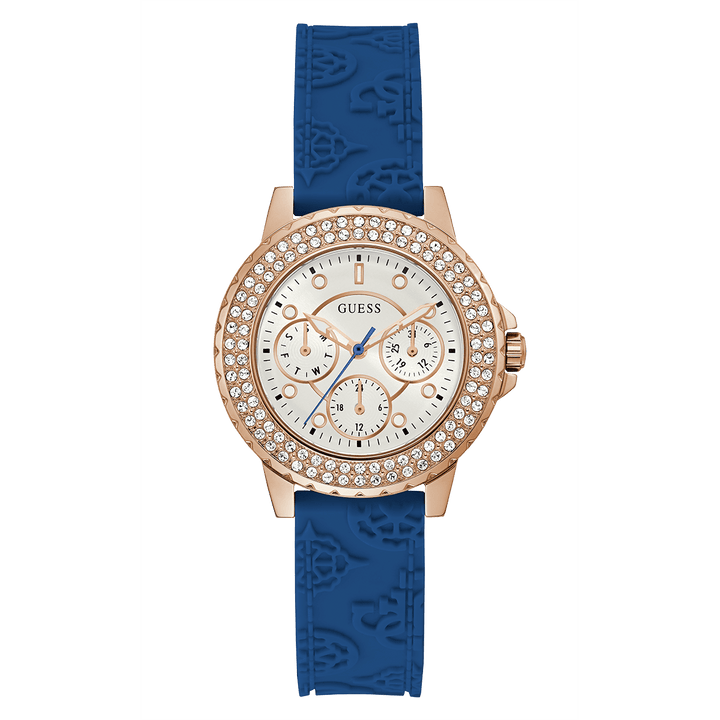 GUESS Ladies Blue Rose Gold Tone Multi-Function Watch