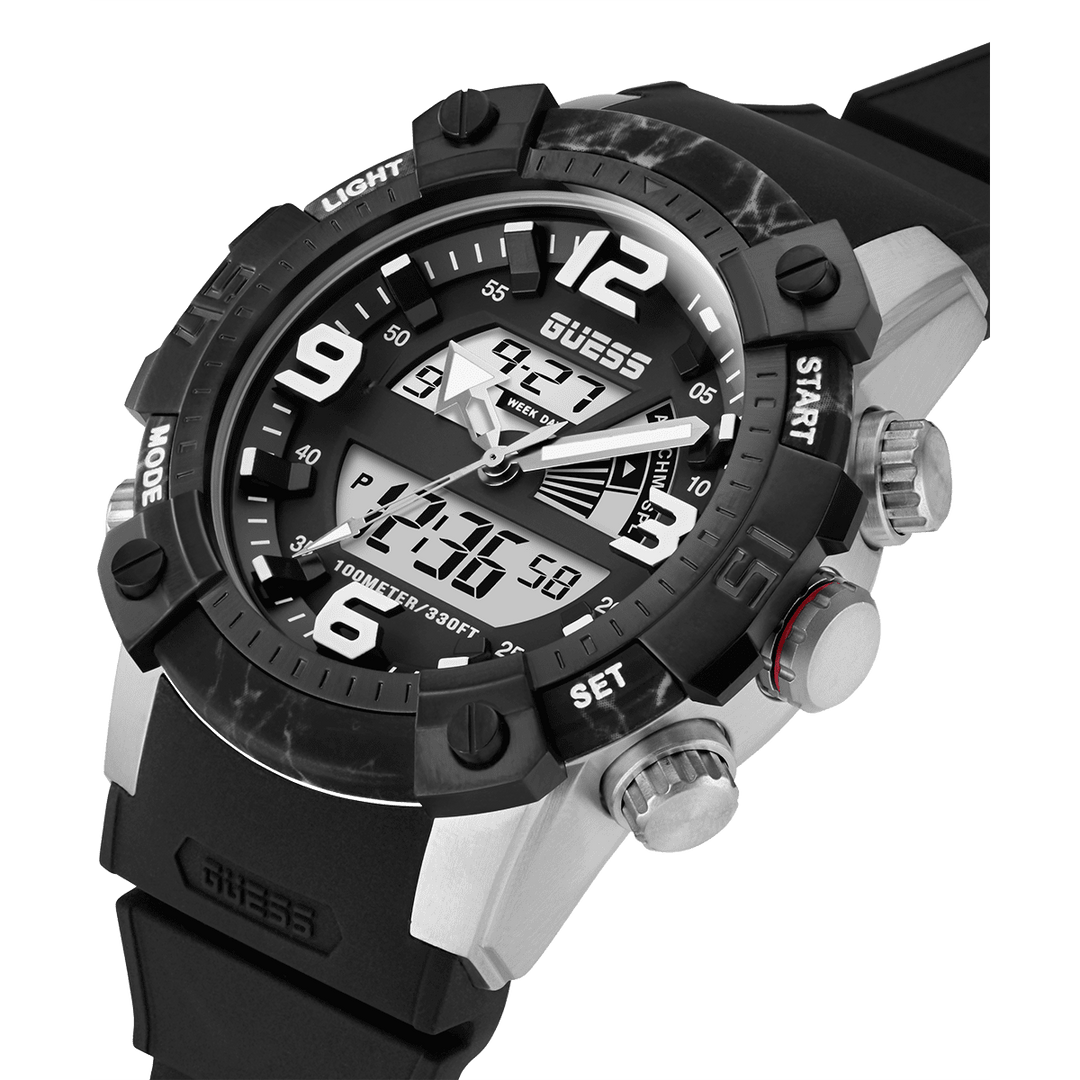 GUESS Mens Black Silver Tone Digital Watch