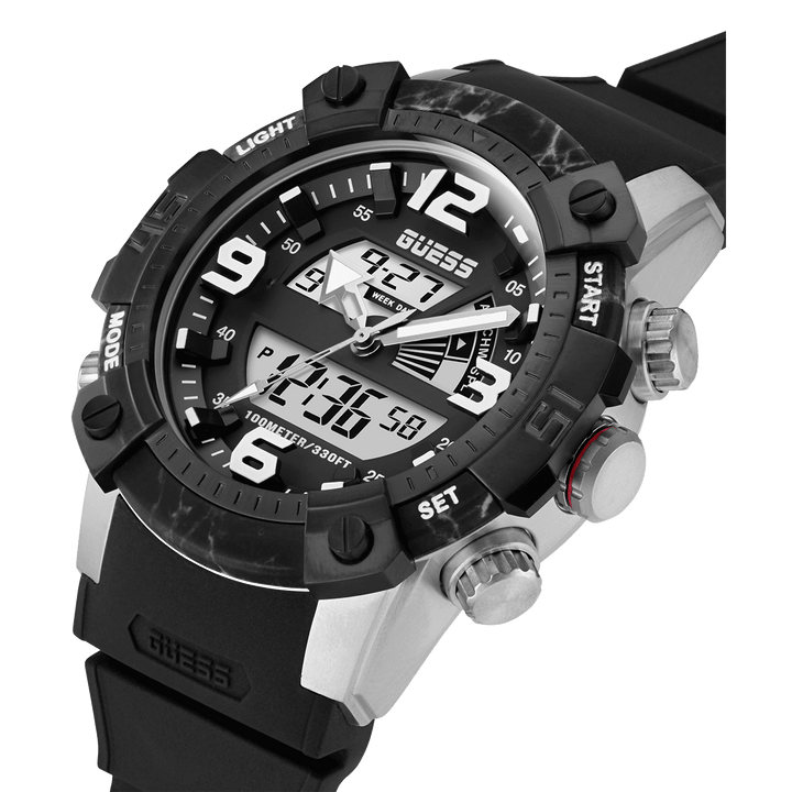 GUESS Mens Black Silver Tone Digital Watch