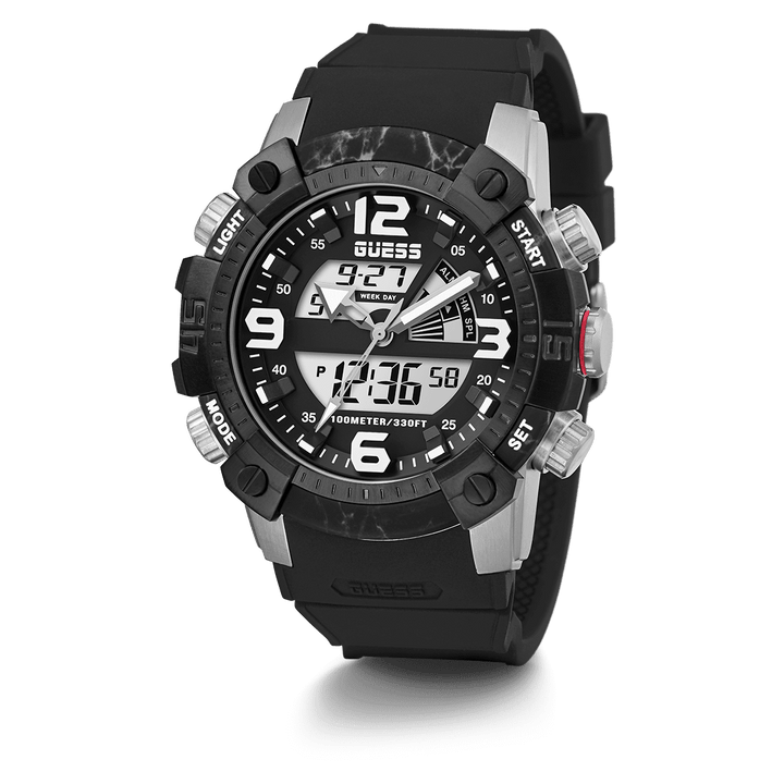 GUESS Mens Black Silver Tone Digital Watch