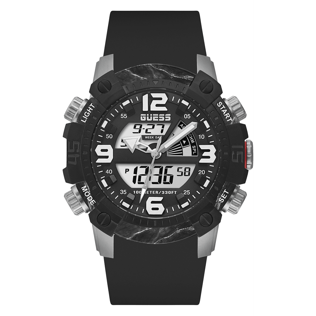 GUESS Mens Black Silver Tone Digital Watch